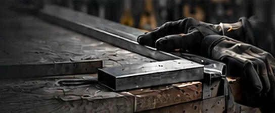 Hands working on a steel bar at a workbench