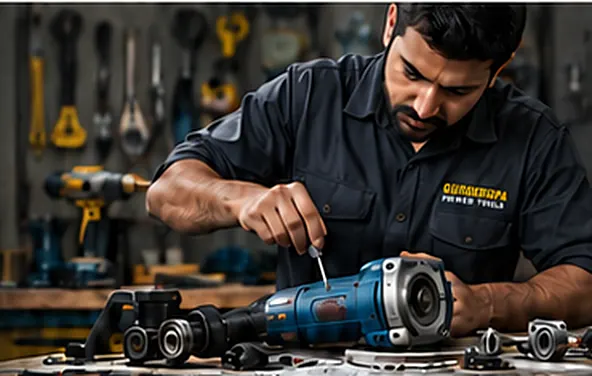 Technician servicing an angle grinder on a workbench