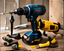 Cordless tools and batteries on a bench