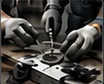 Technician fitting a part into a tool
