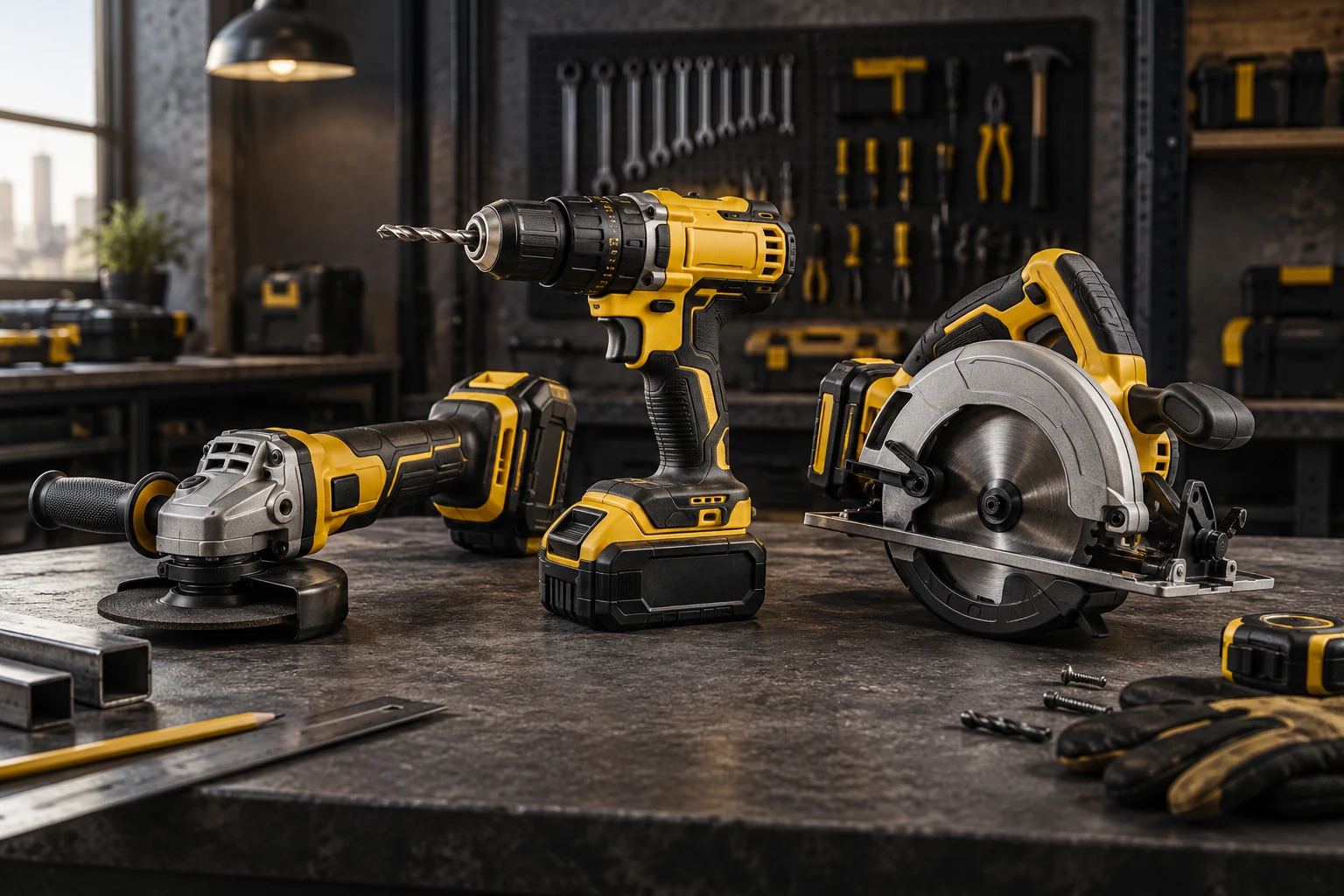 Illustrative drill, angle grinder and circular saw on a workshop bench